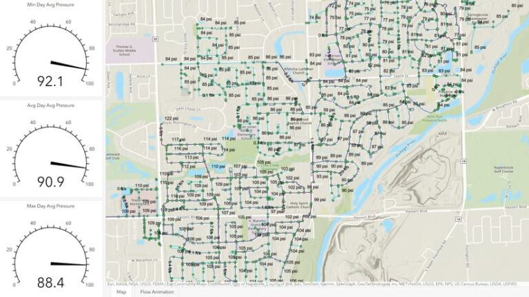 A map of a mostly developed area shows thin dark lines and small circles against a light-colored background showing roads, open areas, water, and other features. On the left are three labeled pressure gauges, each showing a number ranging from 88.4 to 92.1.