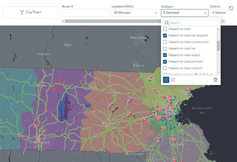 A map of Massachusetts with various traffic alerts shown, such as cars stopped on roads, objects on roads, and potholes