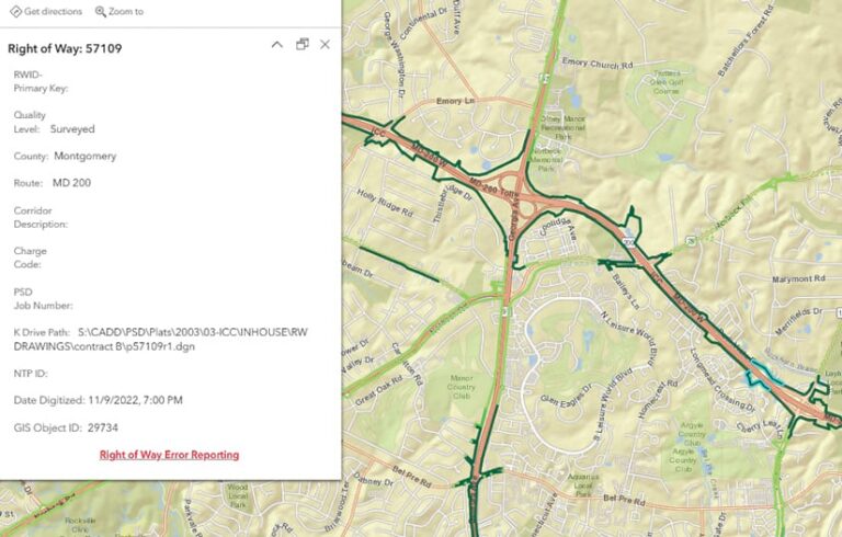 A map showing streets in white and highways that have been surveyed highlighted in green, along with a pop-up that reveals data about one of the surveyed right-of-ways