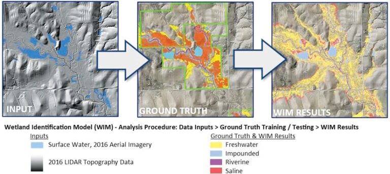 Three square multicolored images in a line, labeled INPUT, GROUND TRUTH, and WIM RESULTS, are connected by two arrows pointing to the right.