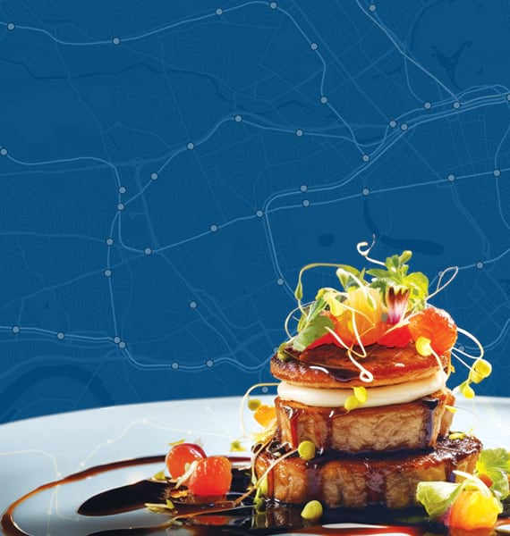 A fancy prepared meal with garnishes and drizzled sauce sits atop a plate with subtle map-style lines and shapes.