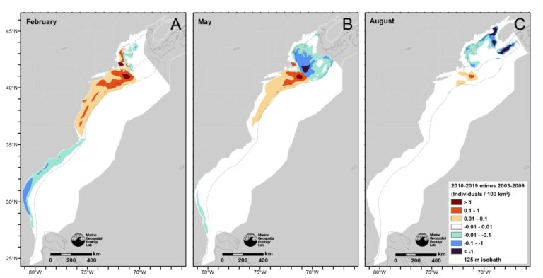 Right whale density change maps 2003 to 2019