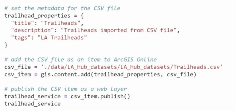 A Python script that shows how trailhead names can be imported as an item from a CSV file into ArcGIS Online