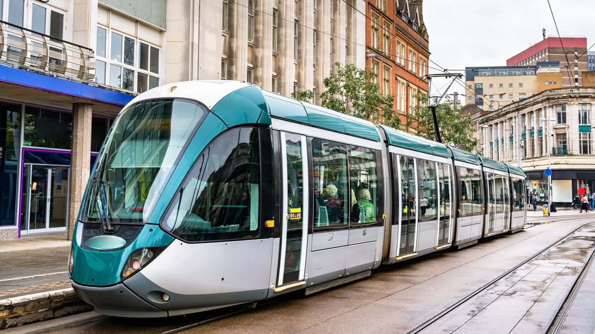 City tram at Old Market Square in Nottingham, England