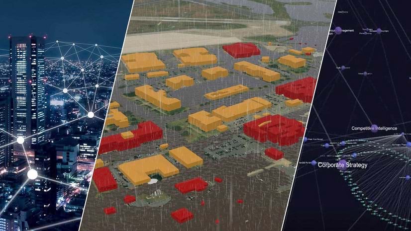 A collage of three images: intersected white lines overlay a city skyline; orange and red building shapes are surrounded by water, with land behind them; lines and dots connect words such as Corporate Strategy and Competitive Intelligence