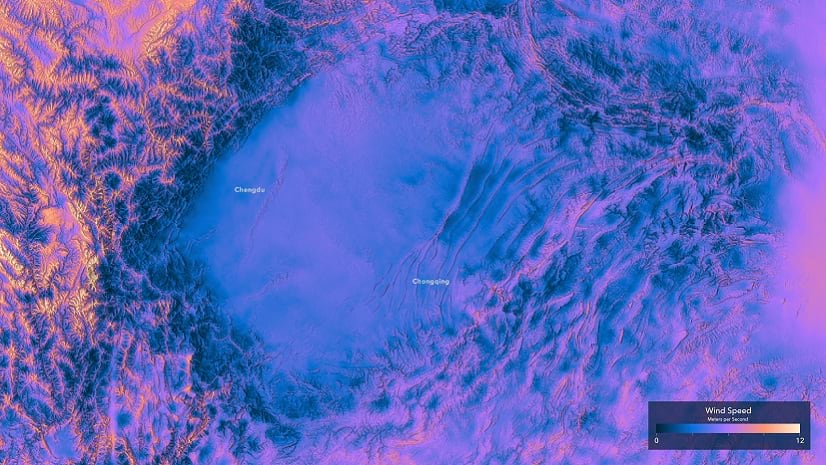 A topographic map shows wind speeds as represented by colors from dark blue to light yellow