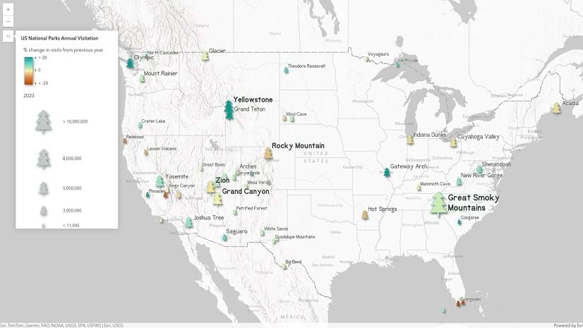 A map of US national parks in the conterminous United States