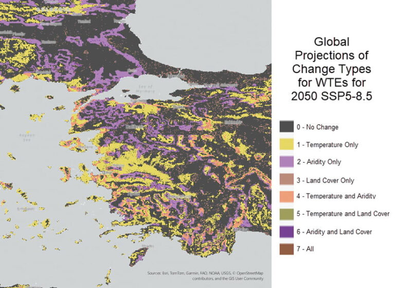 A map displaying different change types across the Aegean coast. The change types are displayed with different colors, and include No Change, Temperature Only, Aridity Only, Land Cover Only, Temperature and Aridity, Temperature and Land Cover, Aridity and Land Cover, and All.