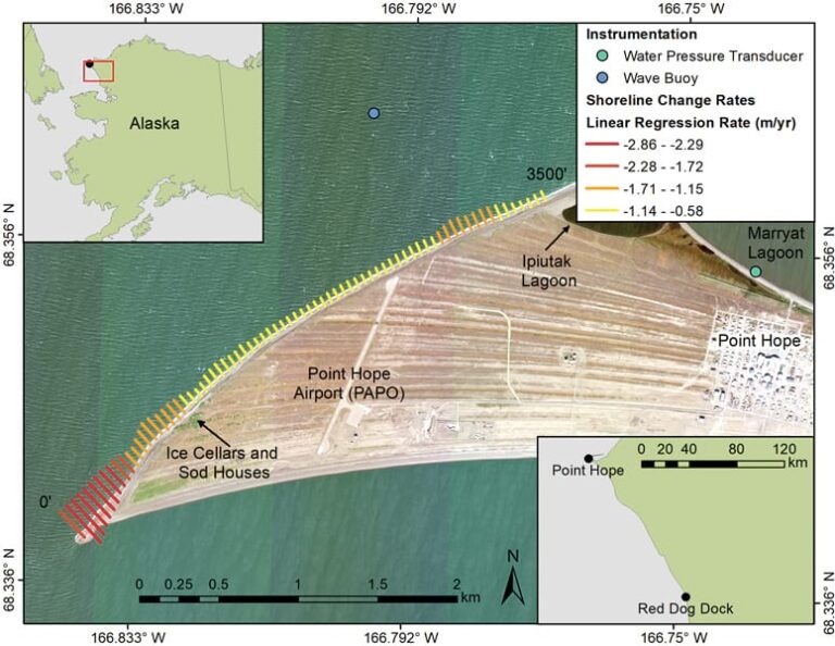 A map displaying the locations of Point Hope, the Point Hope Airport, and Ice Cellars and Sod Houses along the Alaskan coast. Erosion is denoted by straight, colored lines. Longer lines on the west indicate this is where the most erosion has occurred.