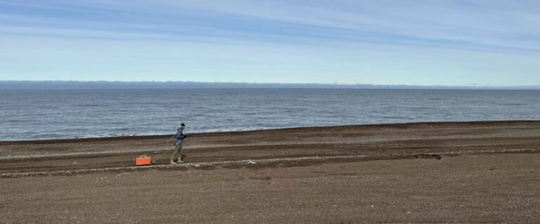 A man drags orange-colored radar equipment across a beach.