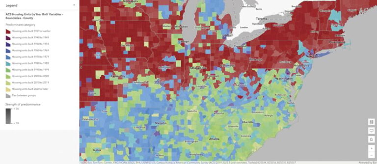 A screenshot of ArcGIS Living Atlas data displaying the United States northeast with a legend labeled “ACS Housing Units by Year Built Variables – Boundaries – County.”