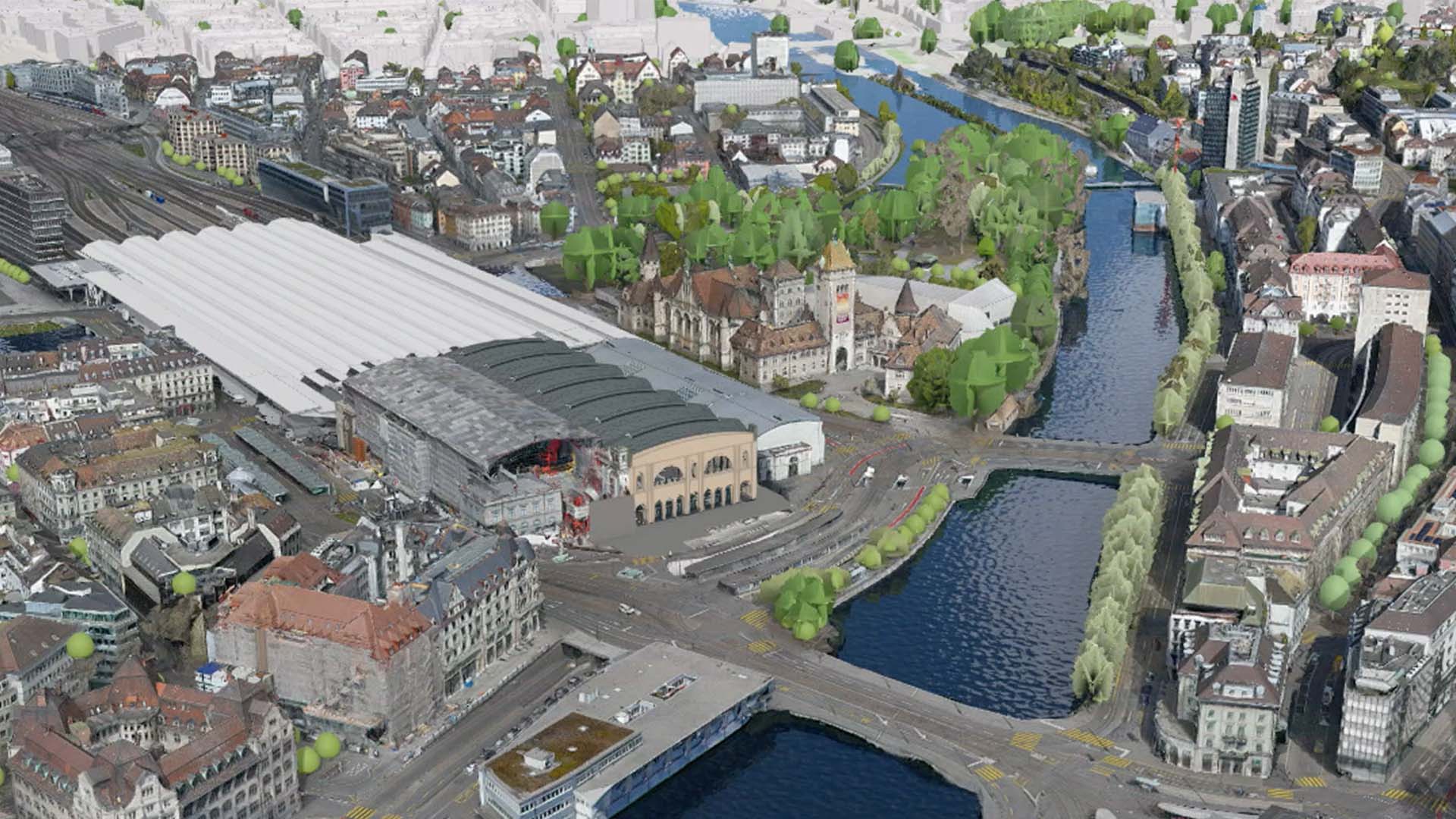 A digital 3D mesh model of the city center in Zurich, Switzerland