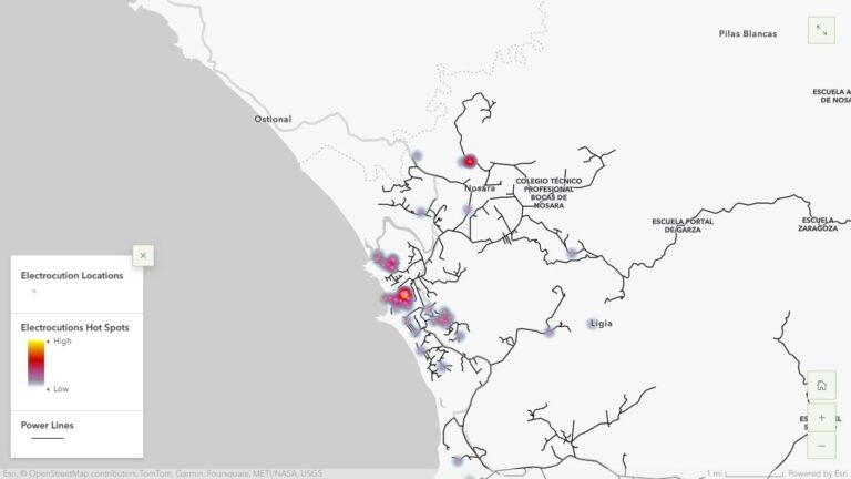 A map shows interconnected black lines with blue, red, and yellow circles. A text box in the lower left corner indicates that the map shows power lines and electrocution locations.