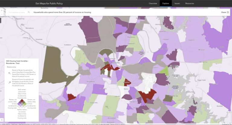 A map of Nashville displays households that spend more than 30 percent of their income on housing. Higher housing costs are concentrated toward the city center.