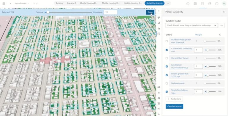 An ArcGIS Urban display highlighting parcels that would be suitable for affordable housing.
