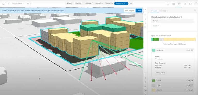 An ArcGIS Urban display indicating that buildings might obstruct the line of sight for a planned development.