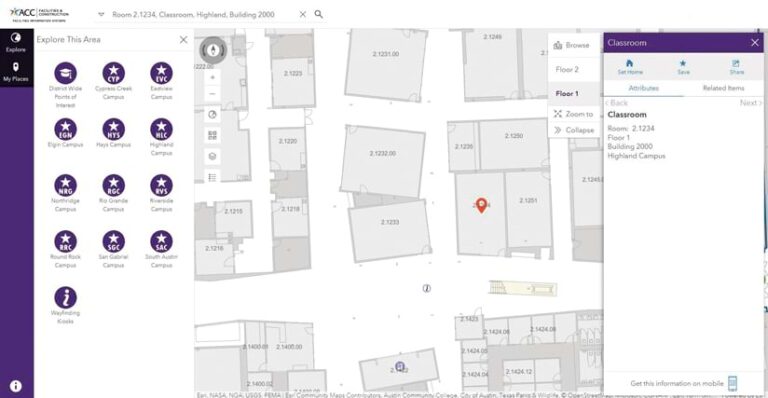 An indoor map displays a classroom location, as well as options to navigate to multiple campuses in the Austin Community College District.