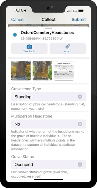 A screenshot of a mobile phone displaying ArcGIS Field Maps, with photos of headstones and characteristics including the gravestone type, whether the headstone marks the grave of multiple individuals, and whether the grave is occupied.