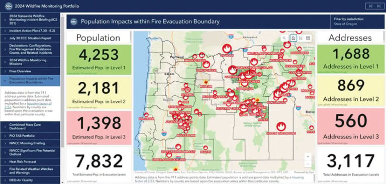 A dashboard labeled “2024 Excessive Heat Monitoring Portfolio” displaying population and address information in Oregon state overlaid within fire evacuation boundaries.