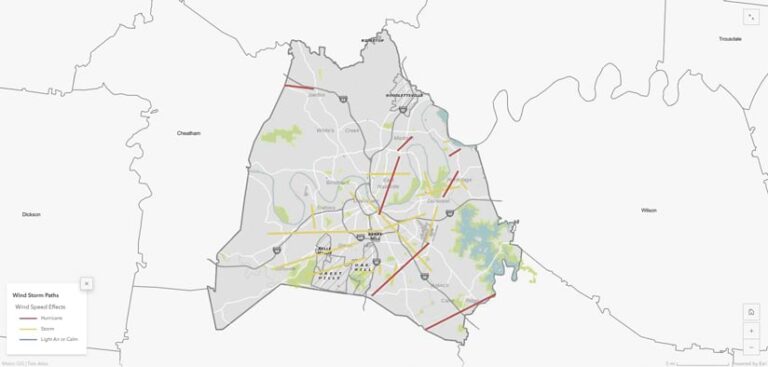 A map of Nashville with straight colored lines indicating the paths of storms and hurricanes.