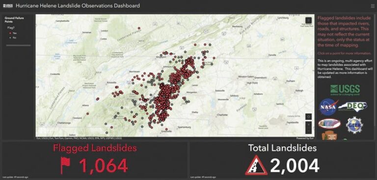 A dashboard titled " Hurricane Helene Landslide Observations Dashboard" showing a map of North Carolina with dots indicating flagged landslides.