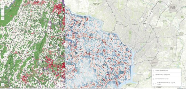 A slide map of Virginia comparing surface temperatures with developed or forested land cover.