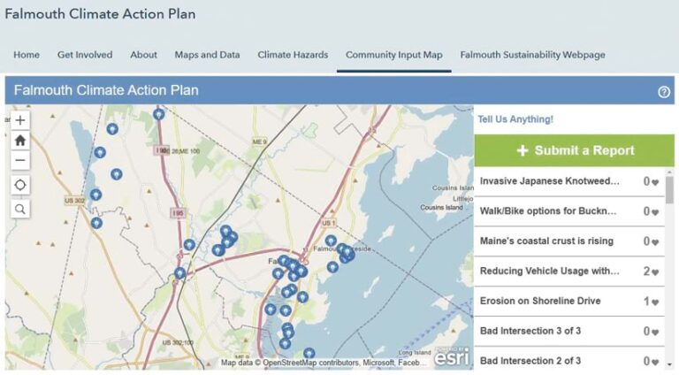 A screenshot of a tool titled “Falmouth Climate Action Plan” displaying resident comments and an option to submit a report.