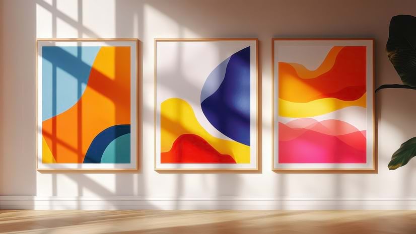 Three abstract paintings hang on a wall
