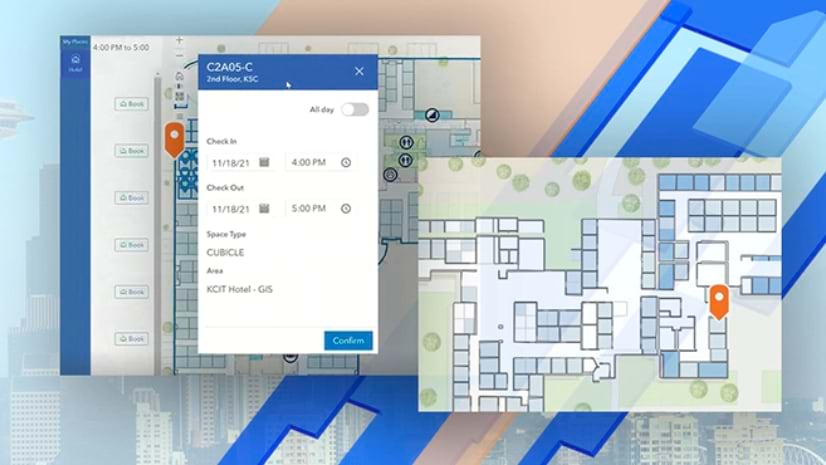 Against an abstract background of buildings and polygons, a map shows two indoor layouts alongside a data box