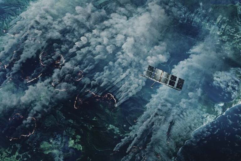 Aerial view of numerous wildfires burning. Thick plumes of smoke rise into the atmosphere. A satellite is visible in orbit above the affected area.