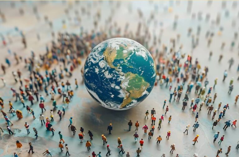A miniature globe surrounded by a multitude of tiny figurines representing the global population.