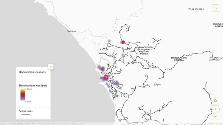 A map of Nosara, Costa Rica, showing electrocution hot spots overlaid on power lines. Hot spots are color-coded by frequency, with darker colors indicating more frequent electrocutions.