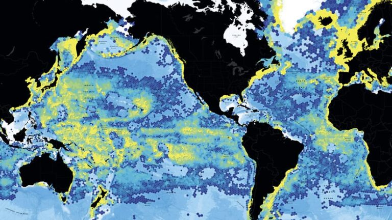 Hexagon-tiled world map visualizing fishing activity in all the oceans. Shades of blue represent one month of fishing activity, while shades of yellow represent 12 months of fishing activity. Landmasses are shown in black.