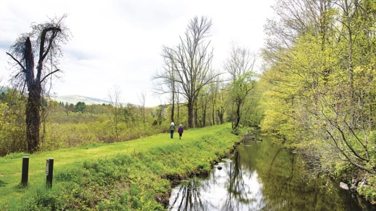 Two people hike along a grassy path beside a calm stream. The path is bordered by lush green vegetation and trees. The water reflects the surrounding trees and sky. A partly cloudy sky is visible in the background, with distant hills. A small park sign is visible to the left of the frame.