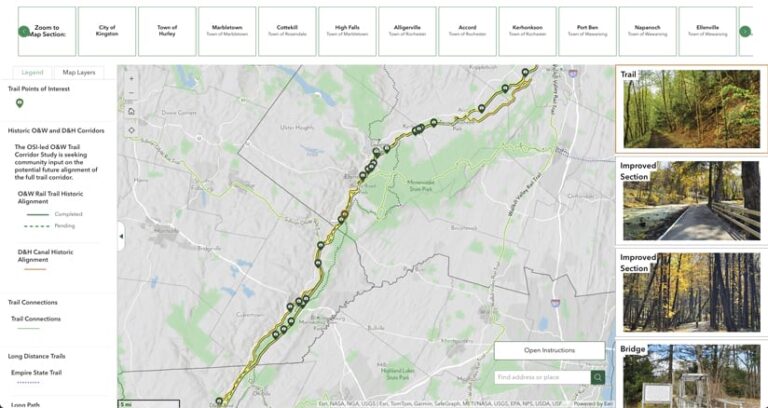 An interactive map displays the planned O&W Rail Trail, indicating completed and proposed segments. The map shows the trail's alignment through various towns, with points of interest marked. Accompanying photos showcase improved trail sections, a bridge, and natural surroundings. A legend explains map layers and trail types.