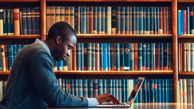 A young man works on a laptop in a library.