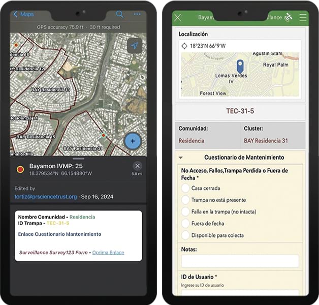 Two tablet screens showing a field data collection app. The left screen displays a map centered on Bayamon, Puerto Rico, with a GPS location pin and details including coordinates and the date. The right screen shows a form with fields for community, cluster, maintenance questionnaire options (no access, malfunction, trap lost or out of date), notes, and user ID. Both screens utilize the same location data.