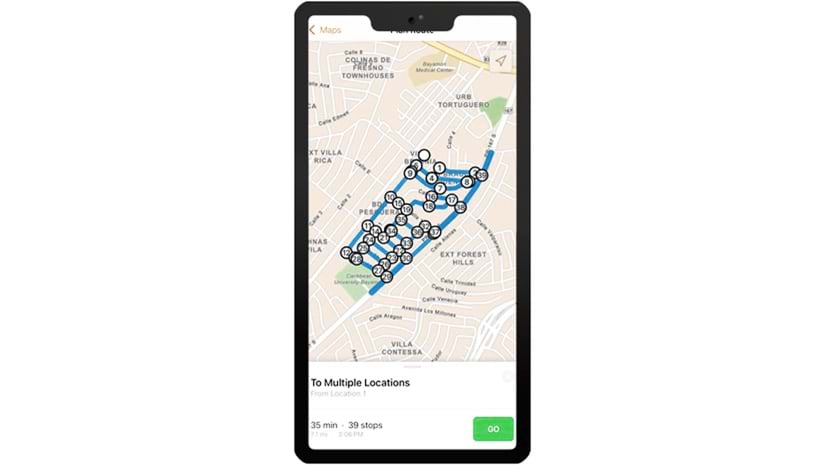 A mobile phone screen shows a mapping app displaying a planned route with numerous numbered stops (39 total). The route is shown in blue and is overlaid on a street map. The bottom of the screen indicates the trip will take 35 minutes and cover 7.1 miles, with a "GO" button ready to start navigation.