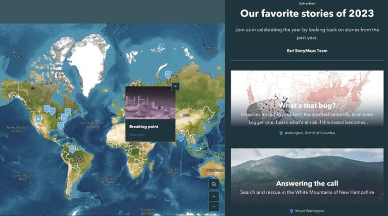 A webpage showcasing Esri’s favorite stories of 2023. The page features a world map with various location pins, highlighting three featured stories: Breaking Point (shown as a thermal image), What's That Bug? (about the spotted lanternfly), and Answering the Call (about search and rescue in the White Mountains).