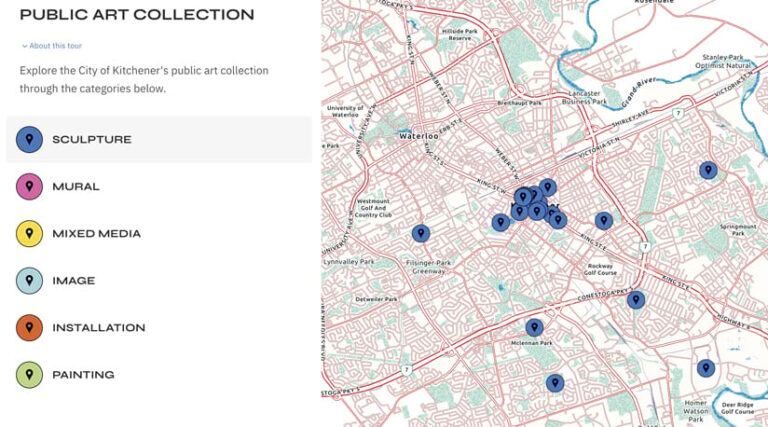 Map of Kitchener, Ontario, Canada, showing the locations of public art installations categorized by type, including sculpture, mural, mixed media, image, installation, and painting.
