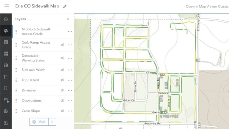 A map of Erie, Colorado’s sidewalks, showing various layers of data including midblock sidewalk access grade, curb ramp access grade, detectable warning status, sidewalk width, trip hazards, driveways, obstructions, and cross slope. The map allows users to toggle these layers on and off to visualize different aspects of sidewalk accessibility.