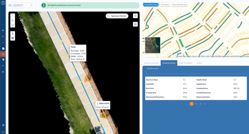 Screenshot of accessibility inspection software showing a sidewalk analysis with no significant barriers found. The report includes an aerial view, measurements, and a summary of the inspection.