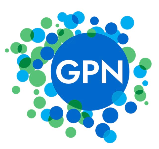 The GPN logo: The letters GPN are in white, set against a large, central blue circle. Surrounding the central circle are smaller blue and green circles of varying sizes, creating a bubbly, abstract design.