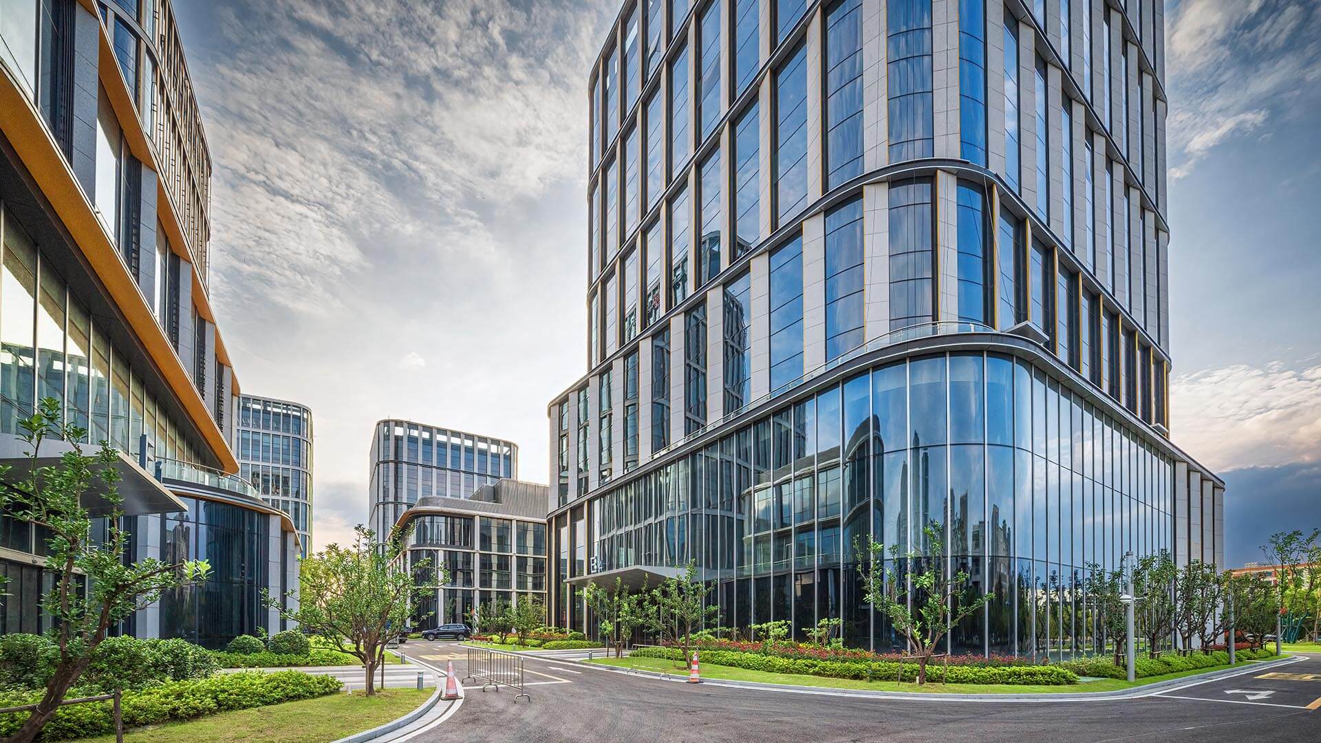 A gleaming corporate campus signifies the concept of design for resilience.