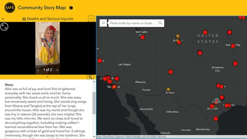 A text box and a picture of a child next to a map of part of North America, with red circles and brown diamonds scattered across the United States