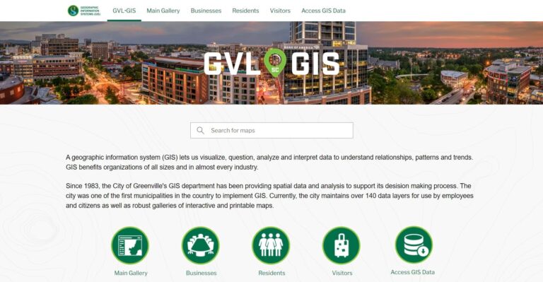 A website landing page shows a city skyline, a search box, some text, and five green icons, with titles such as Main Gallery and Businesses.