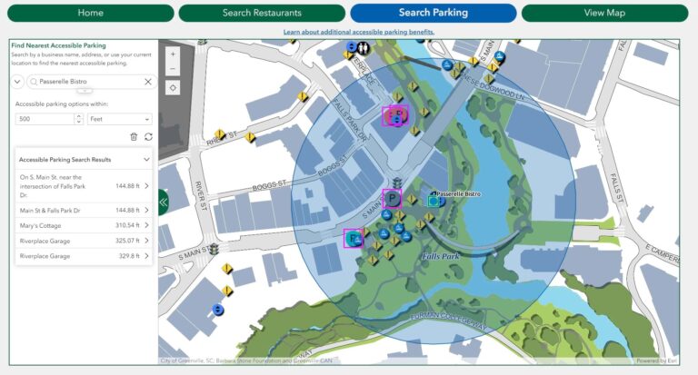 A map shows parking and restaurants