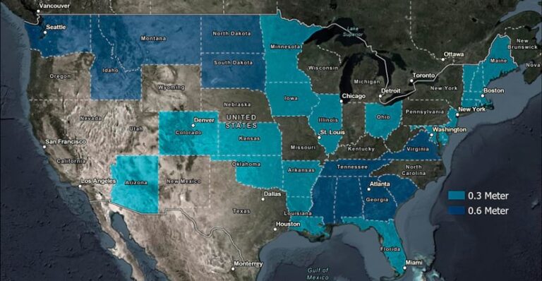 A screenshot of ArcGIS Living Atlas data displaying the continental United States with two colored boxes labeled “0.3 Meter” and “0.6 Meter.” These correspond to various state boundaries.