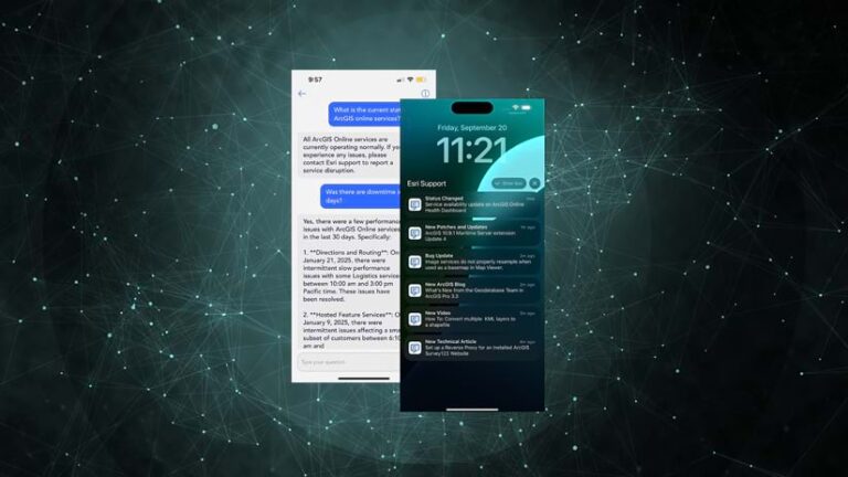 Two overlaid mobile phone screenshots display the Esri Support app interface against an abstract background.