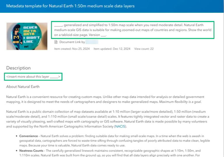 A screenshot of an item page in ArcGIS Online with green boxes highlighting an item title and description that contain blank spaces where specific item details could be inserted.